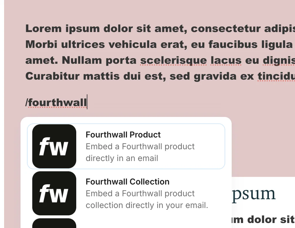Kit email editor filtered by fourthwall showing Fourthwall Product and Fourthwall Collection blocks