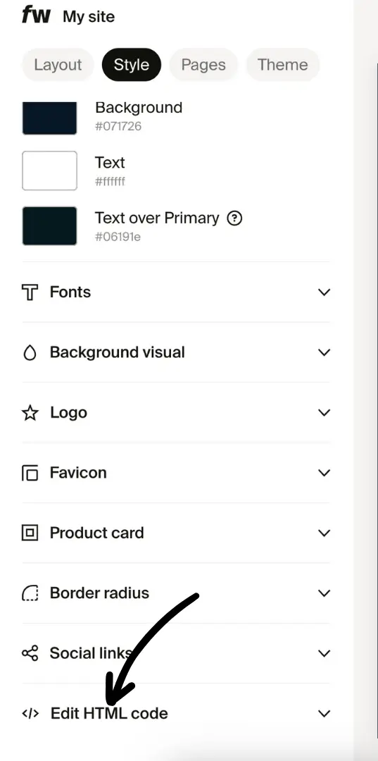 Style panel with arrow pointing to Edit HTML Code option