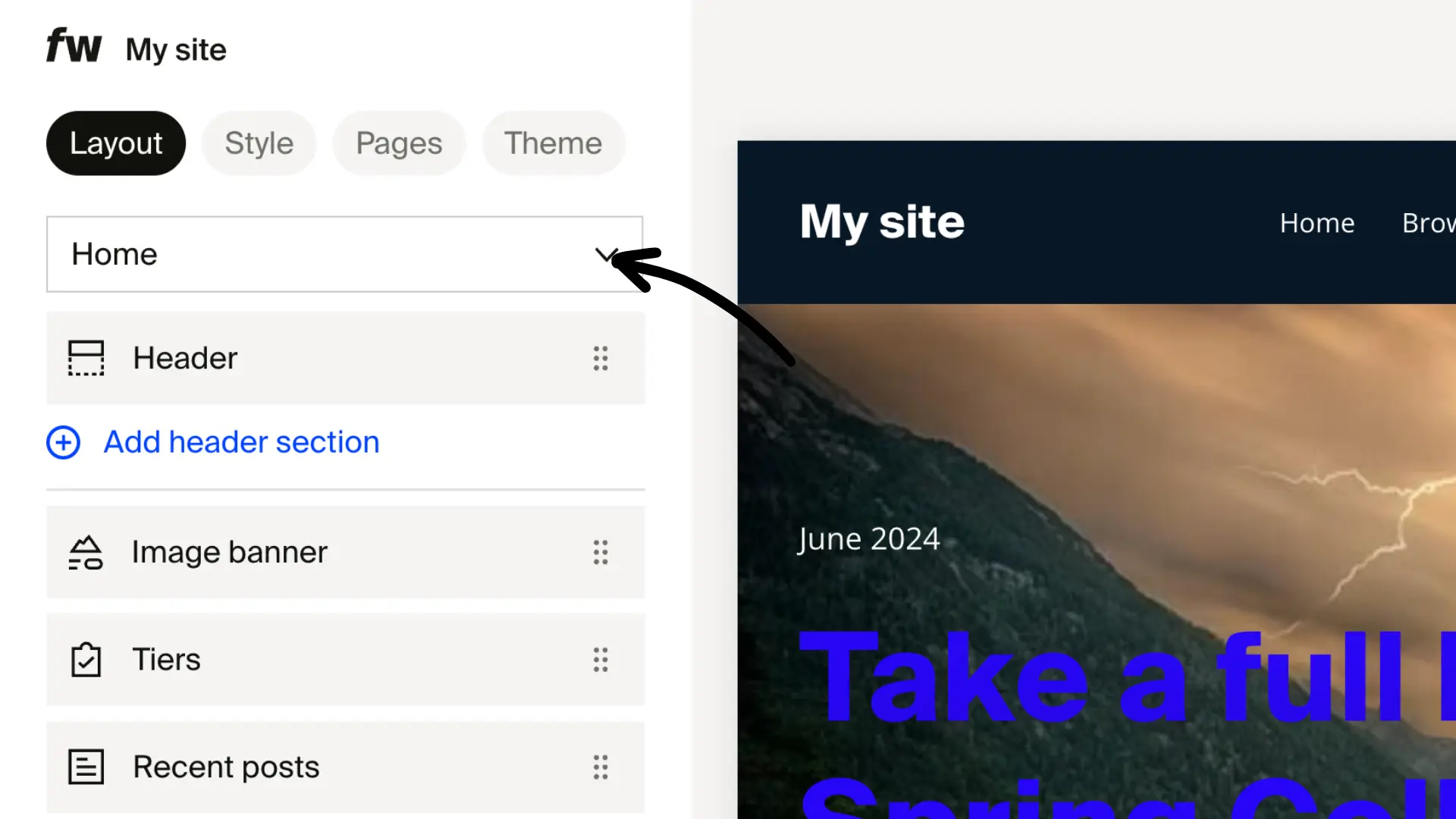 Select Home from the drop-down