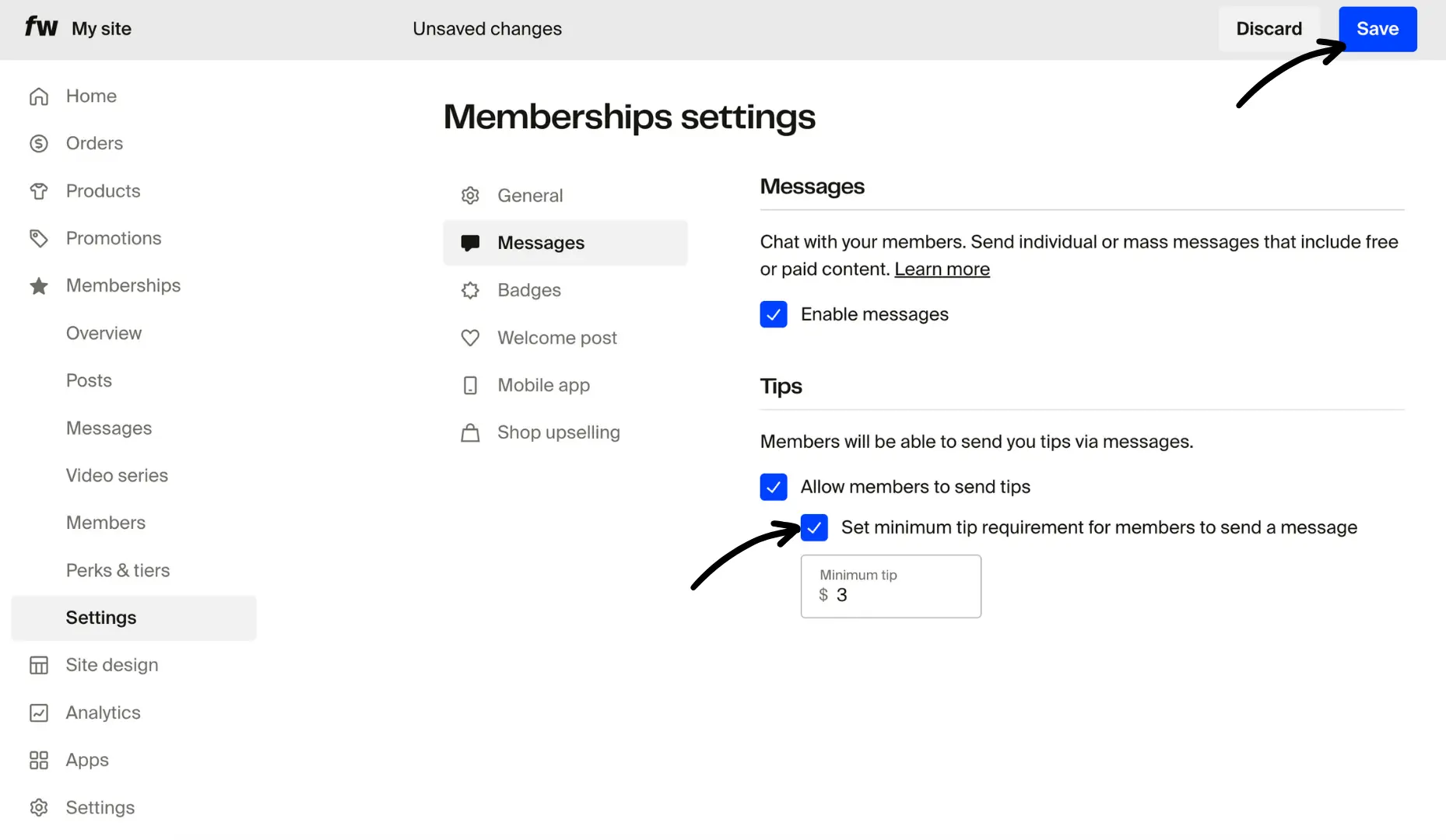 Messages settings with minimum tip requirement checked, set to $3, and Save button highlighted