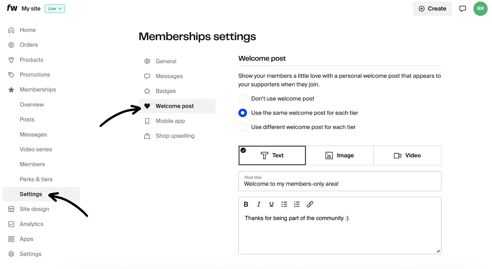 Memberships Settings Welcome post page with tier options and text editor for the message