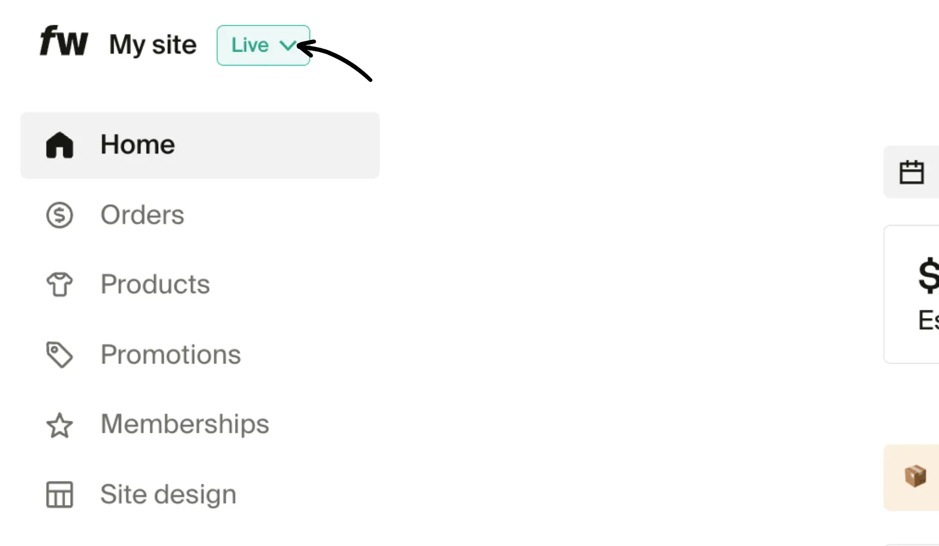 Fourthwall dashboard Home tab with Live status badge in the upper-left corner