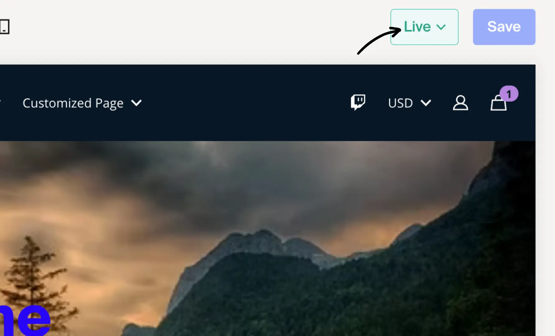 Site Design tab with Live status dropdown in the top-right corner