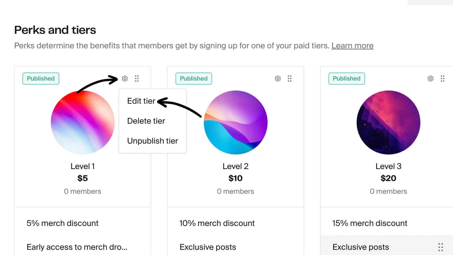 Perks and tiers page with tier settings dropdown open and arrow pointing to Edit tier option