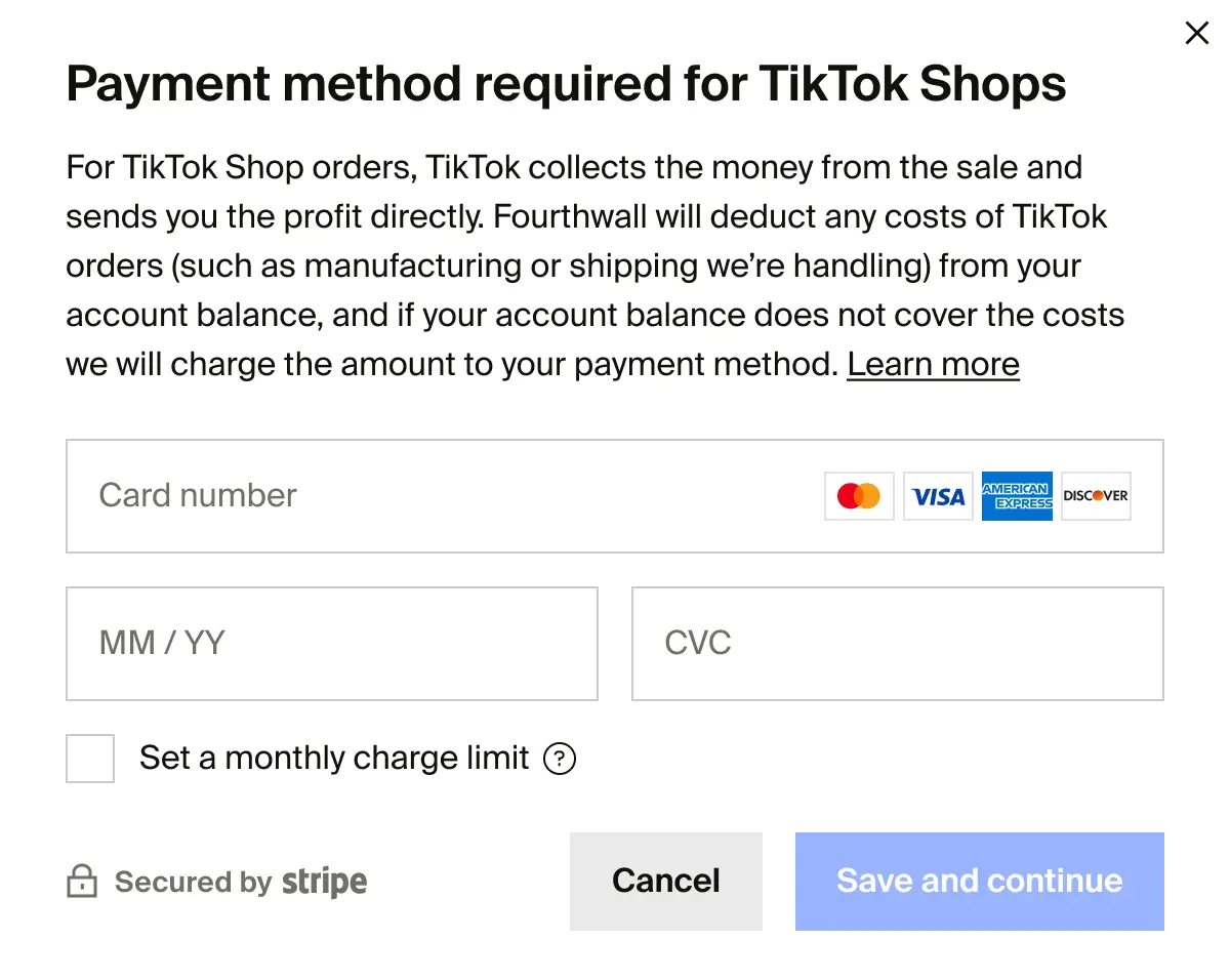 TikTok Shop payment method setup with credit card fields and charge limit option