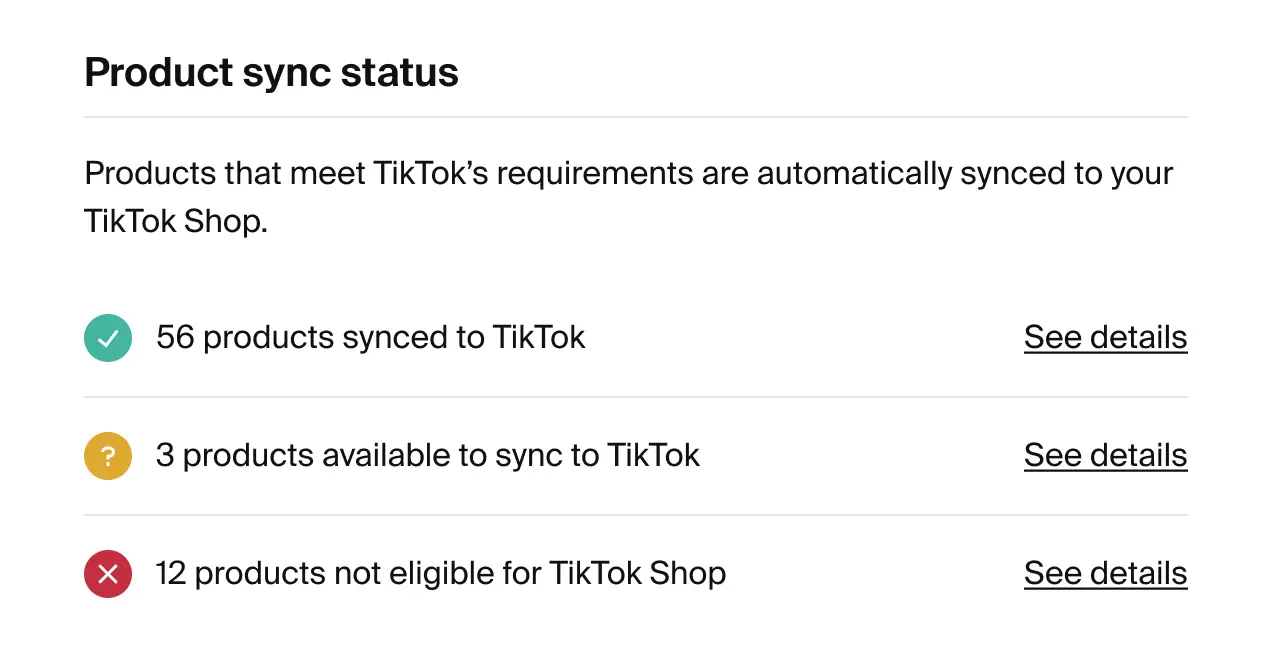 TikTok Shop product sync status showing eligible products synced to TikTok