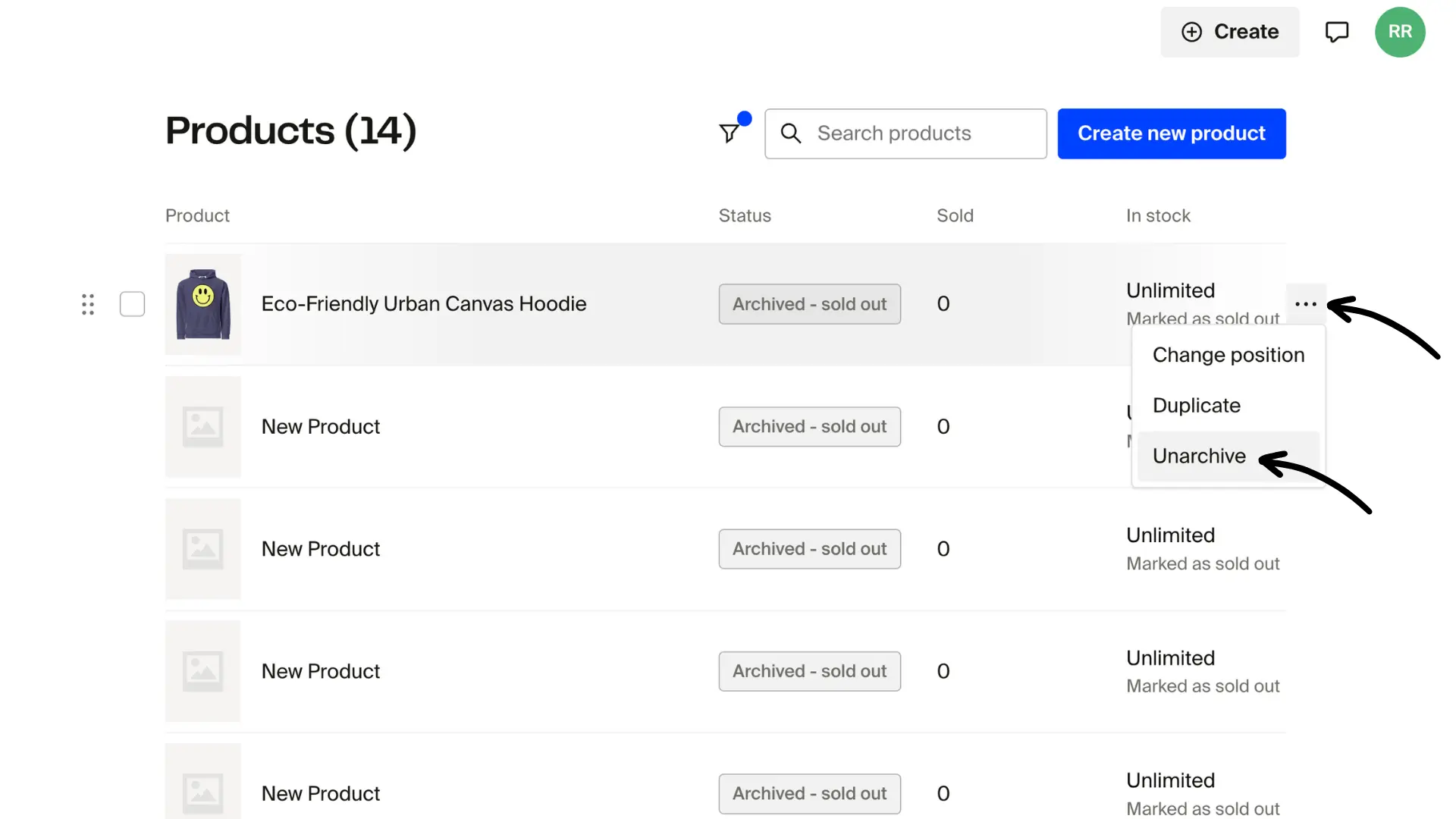 Three-dot menu open on archived product showing Unarchive option