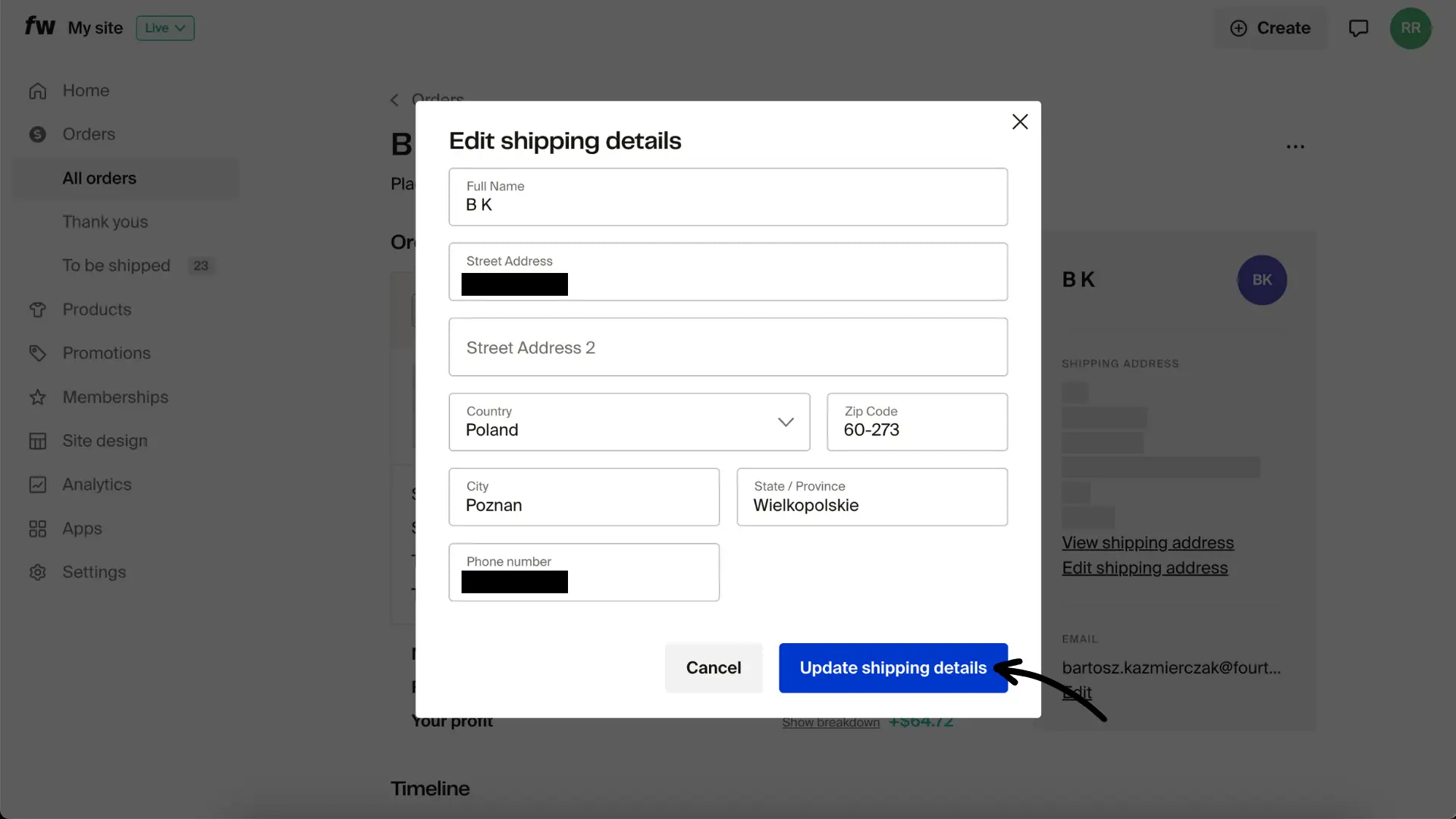 Edit shipping details form with address fields and Update shipping details button