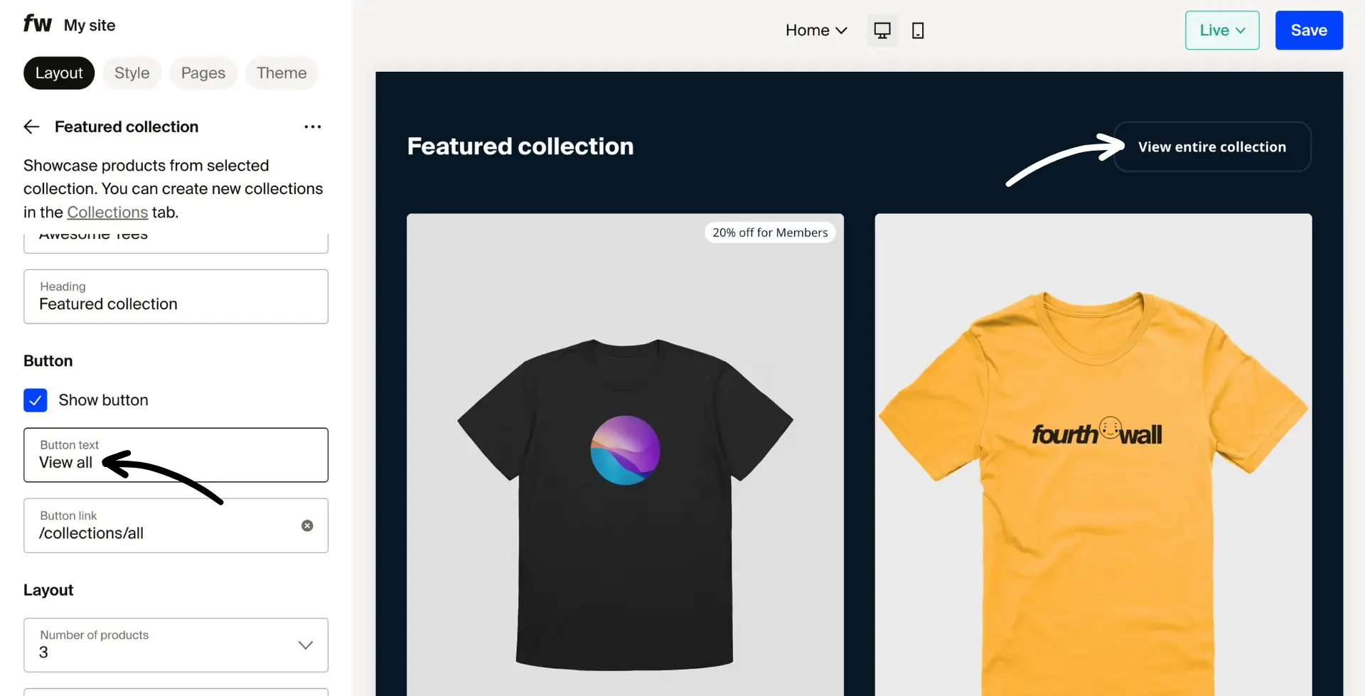 Section editor showing Button text field with arrow pointing to the editable label