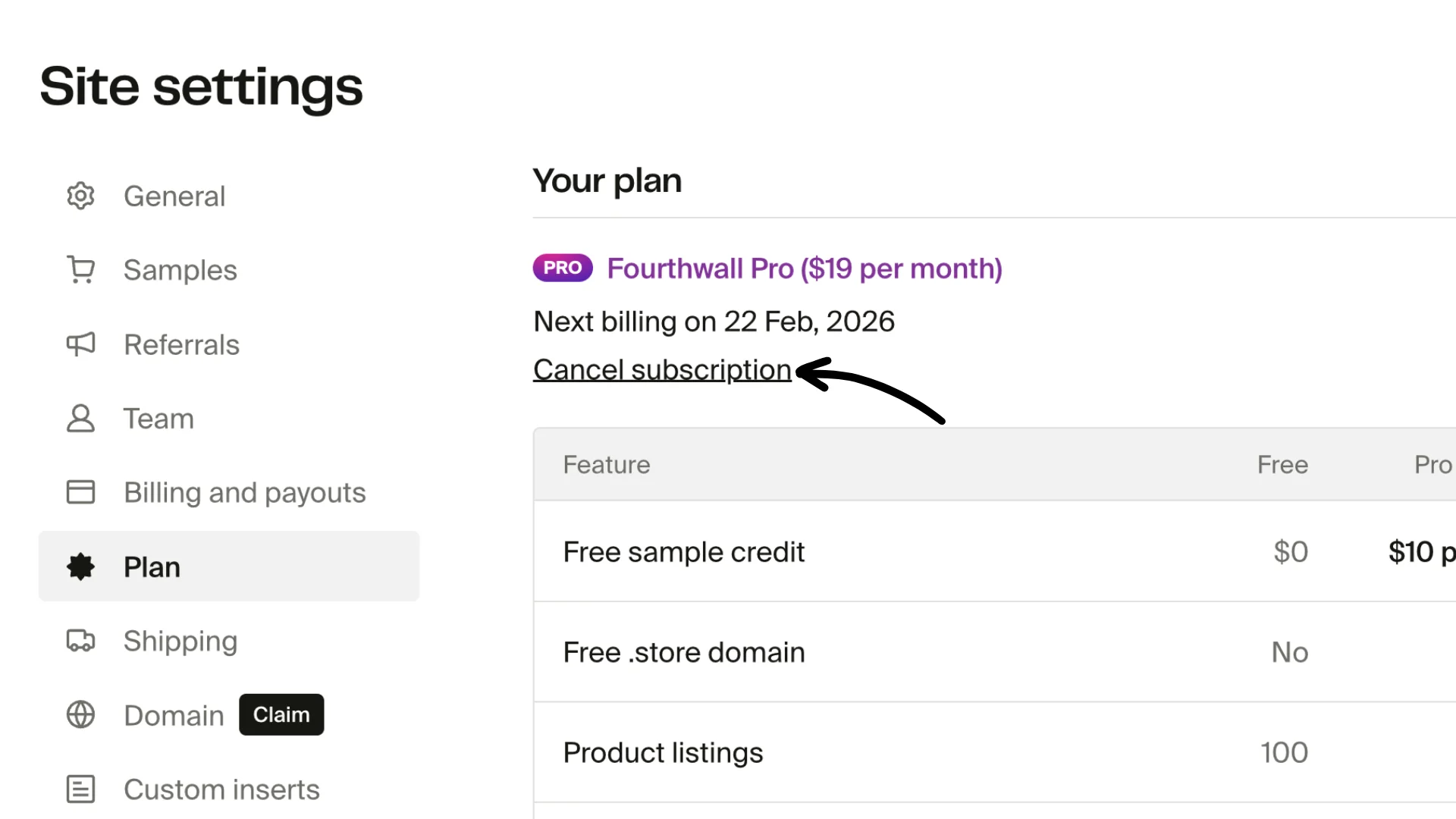 Settings Plan page showing Fourthwall Pro subscription with next billing date and Cancel subscription link