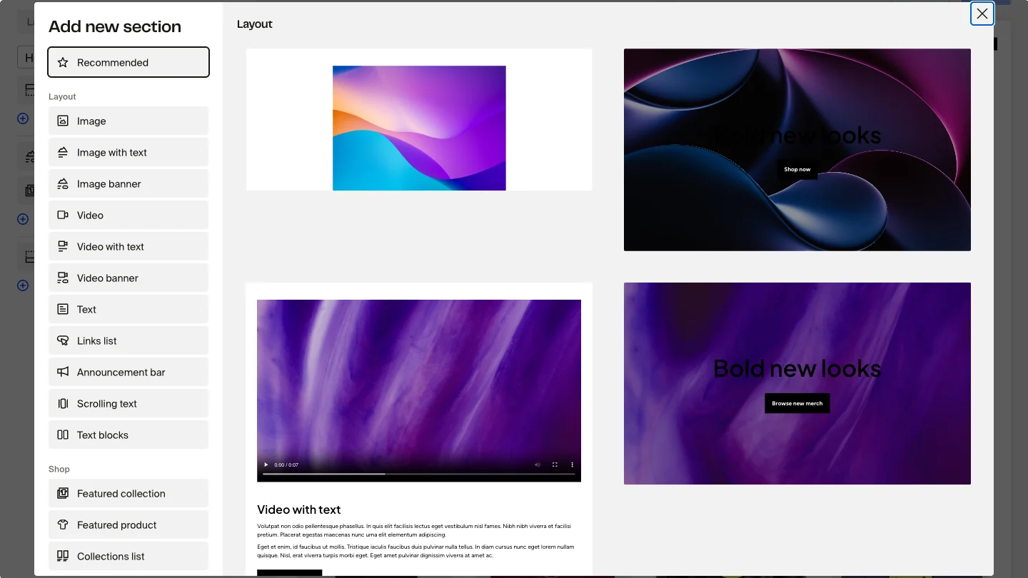 Add new section" modal displaying layout options including Image, Video, Text, and Shop categories, with section previews like "Bold new looks" banner on the right.
