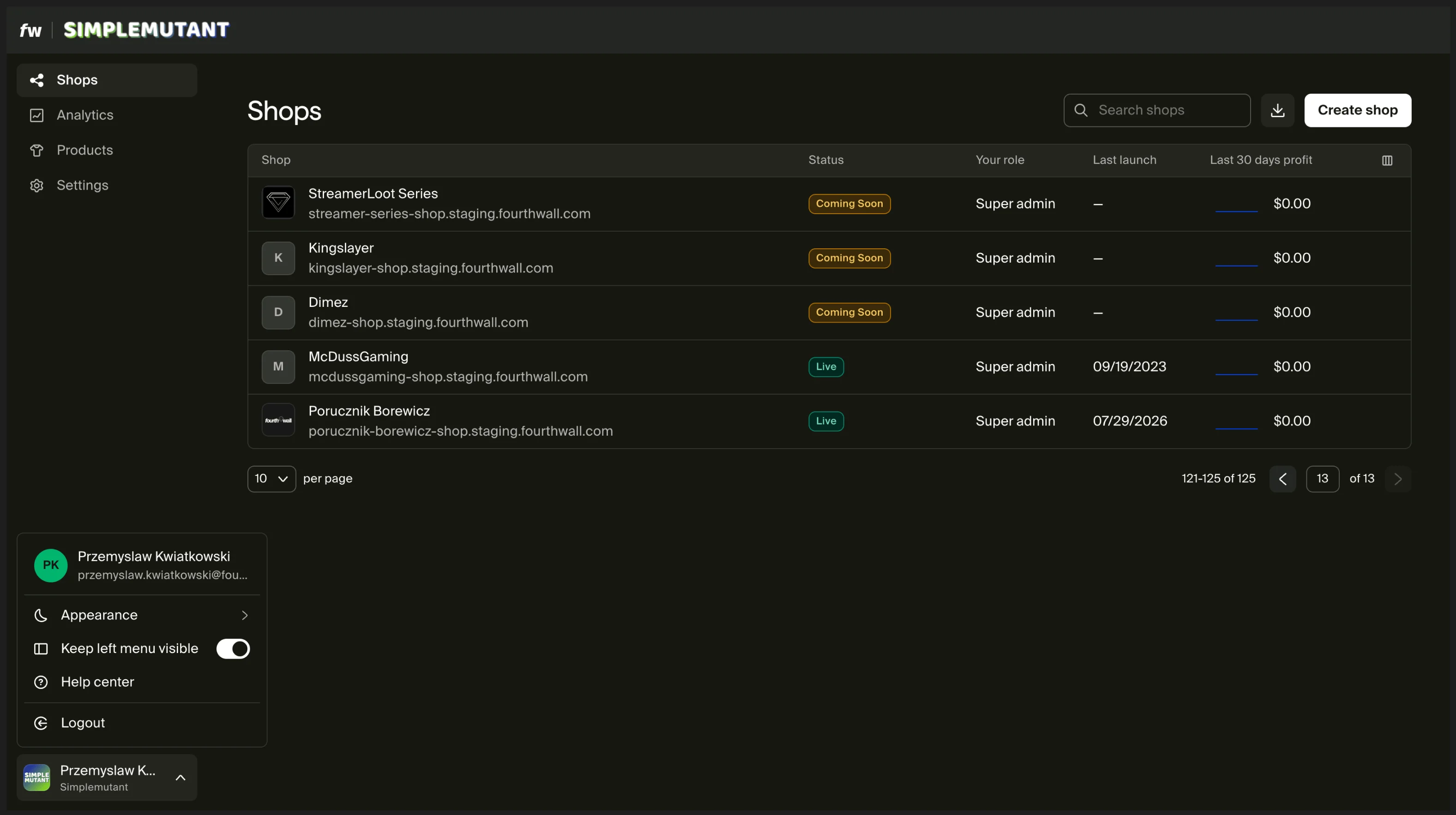 Partner Dashboard Shops tab in dark mode with the profile menu open at the bottom of the sidebar, showing Appearance, the Keep left menu visible toggle, Help center, and Logout