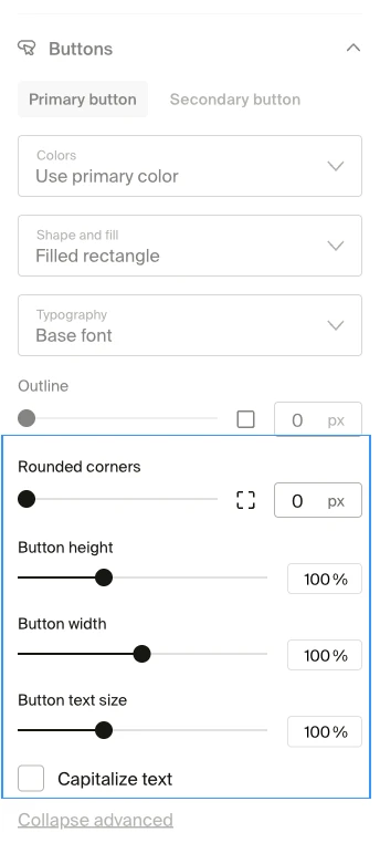 Advanced sizing controls showing Rounded corners, Button height, Button width, Button text size sliders and a Capitalize text checkbox