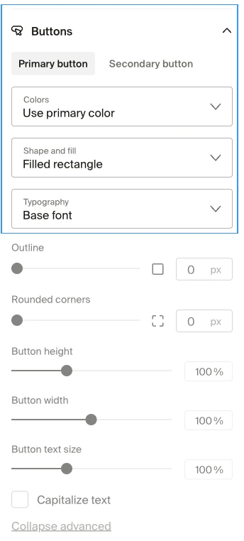 Buttons section in Site Design Style settings showing Primary button and Secondary button tabs with Colors, Shape and fill, and Typography dropdowns