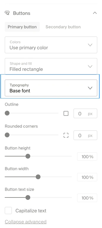 Typography dropdown set to Heading font for the Primary button