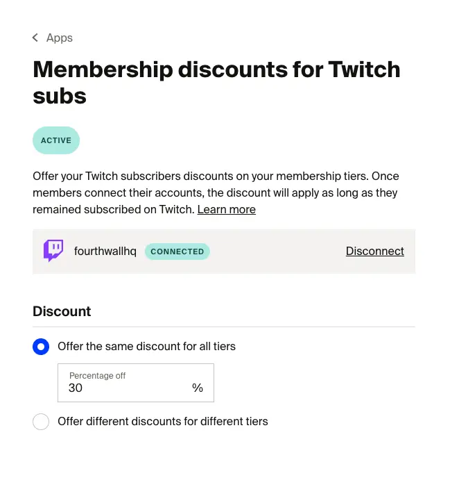 Twitch discount settings with 30% off same discount for all tiers