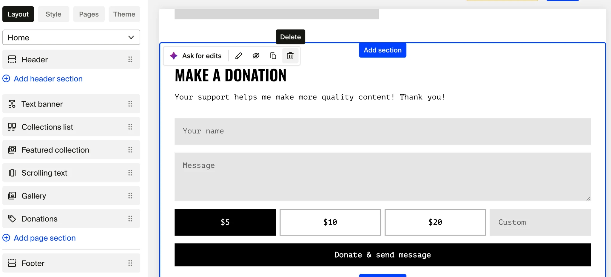 Donations section selected in the site editor, with the floating toolbar showing Ask for edits, edit, hide, duplicate, and a highlighted Delete icon above the Make a donation form