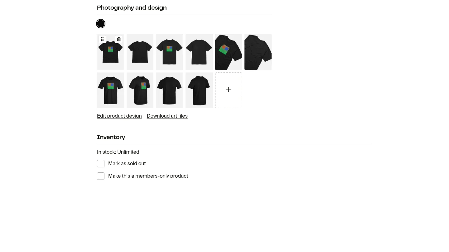 The product page has a gallery of 10 images showing the same black t-shirt design. The "Inventory" section shows "In stock: Unlimited" with "Mark as sold out" and "Make this a members-only product"...