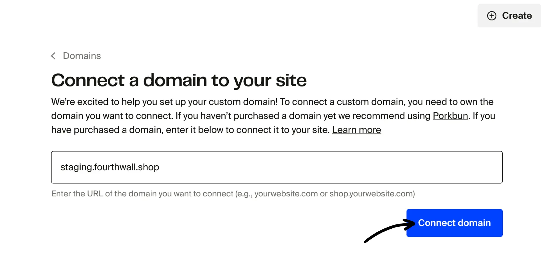 Connect a domain to your site page with domain name entered and Connect domain button