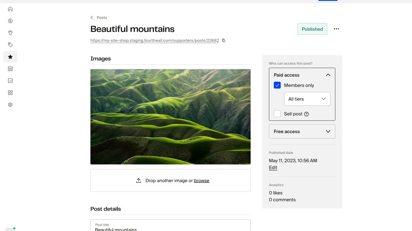 Fourthwall membership post creation interface showing the image upload area with drag-and-drop, title, description, and publish options