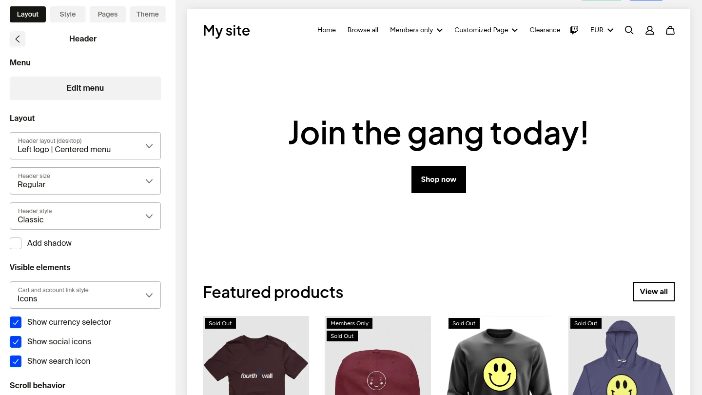 Header customization panel showing Layout, Header size, Header style options, and Visible elements settings with toggles for currency selector, social icons, and search icon.