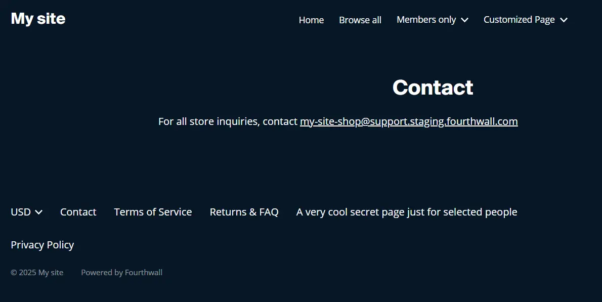 Contact page showing shop support email address with footer links