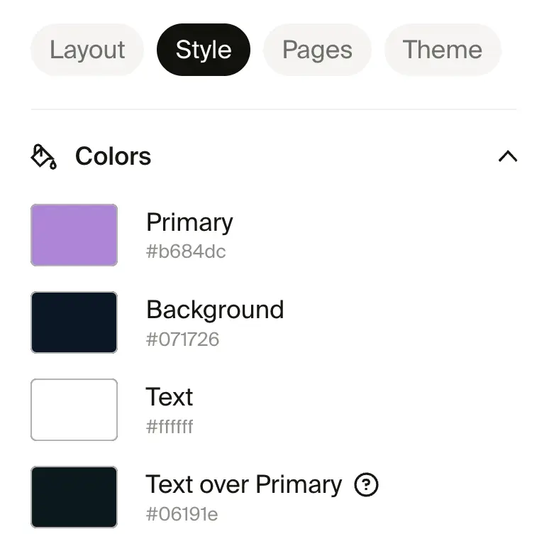 Site color settings showing Primary, Background, Text, and Text over Primary options