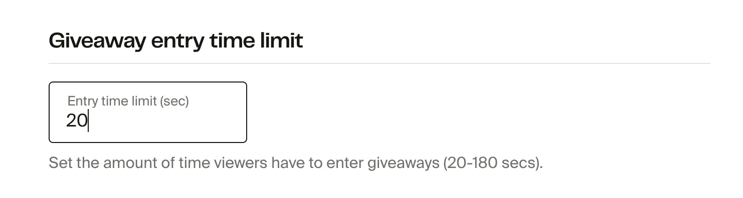 Giveaway entry time limit setting with entry time limit field set to 20 seconds