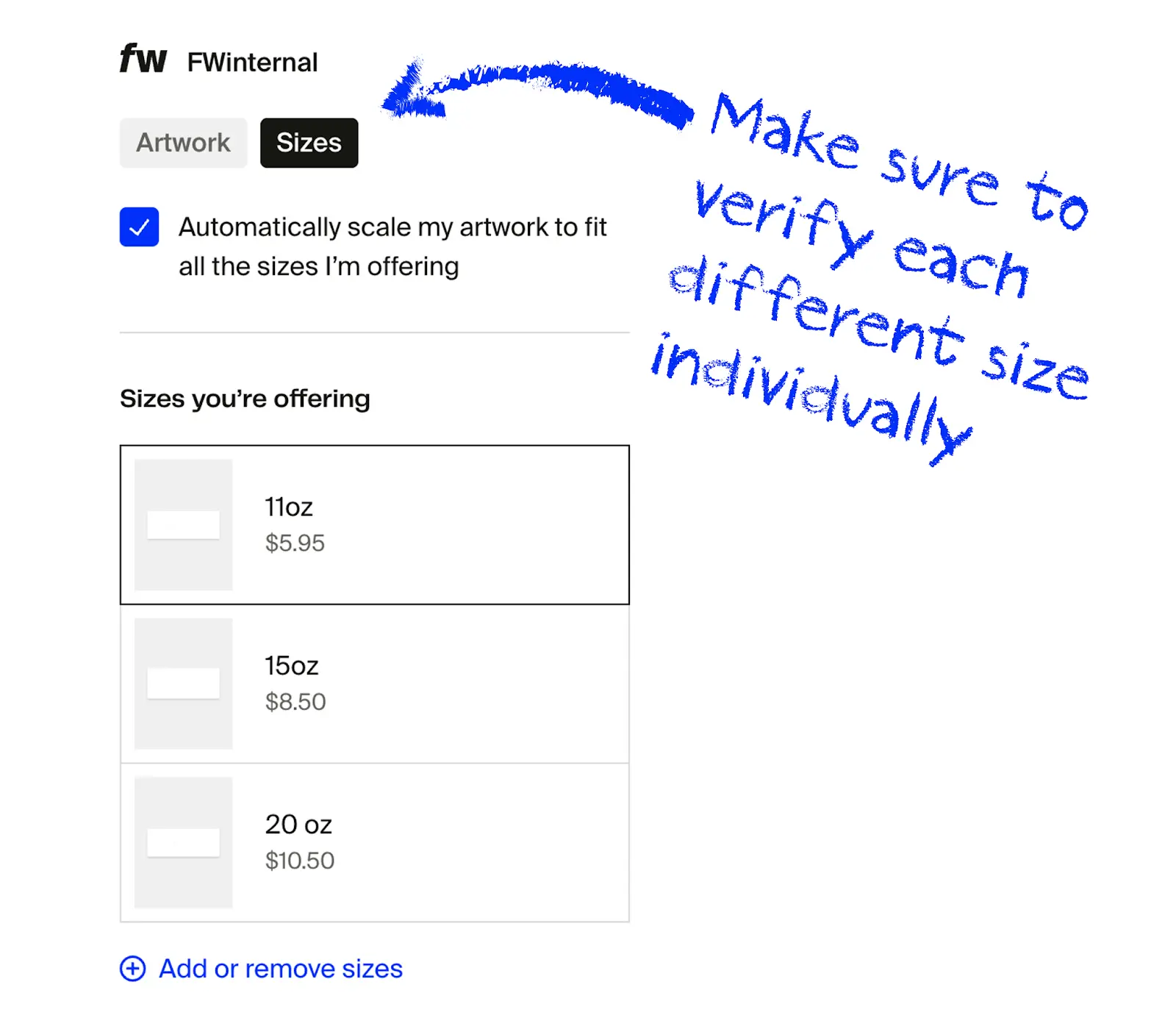 Mug size selector showing 11oz, 15oz, and 20oz variants with base prices