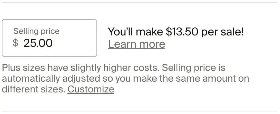 Selling price field set to $25 showing $13.50 profit per sale