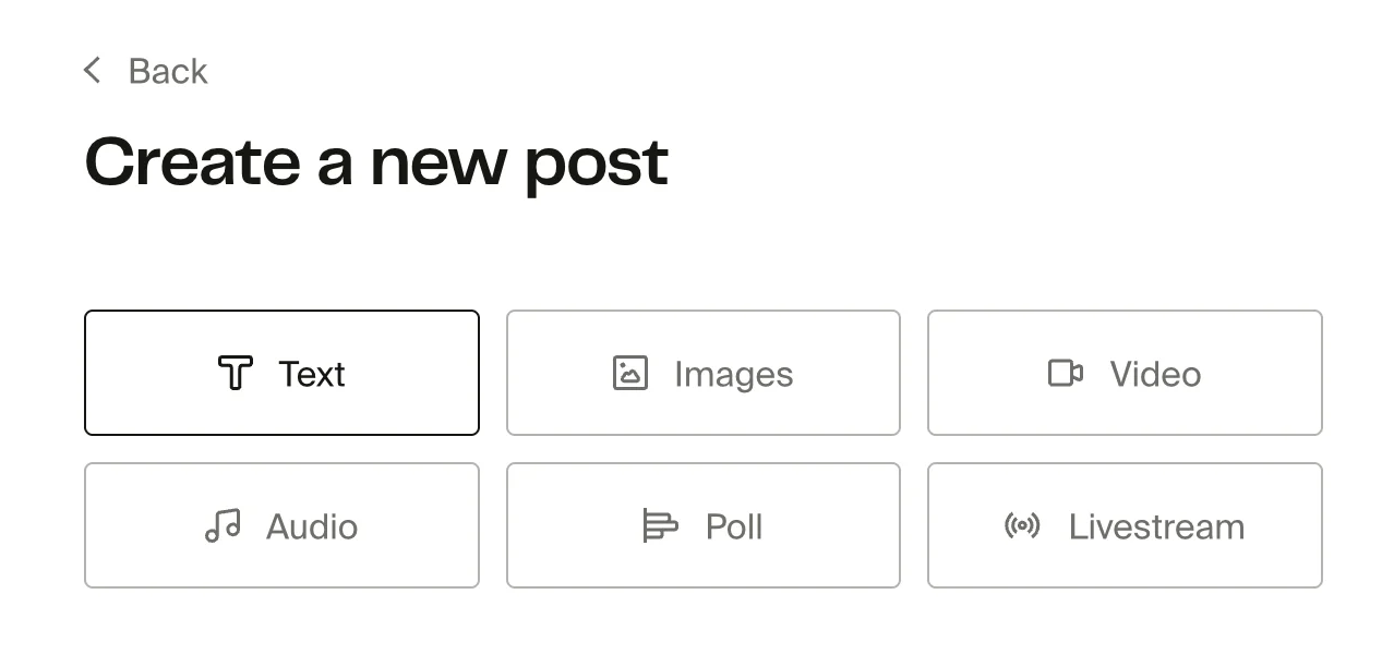 Create a new post page showing six post type options: Text, Images, Video, Audio, Poll, and Livestream