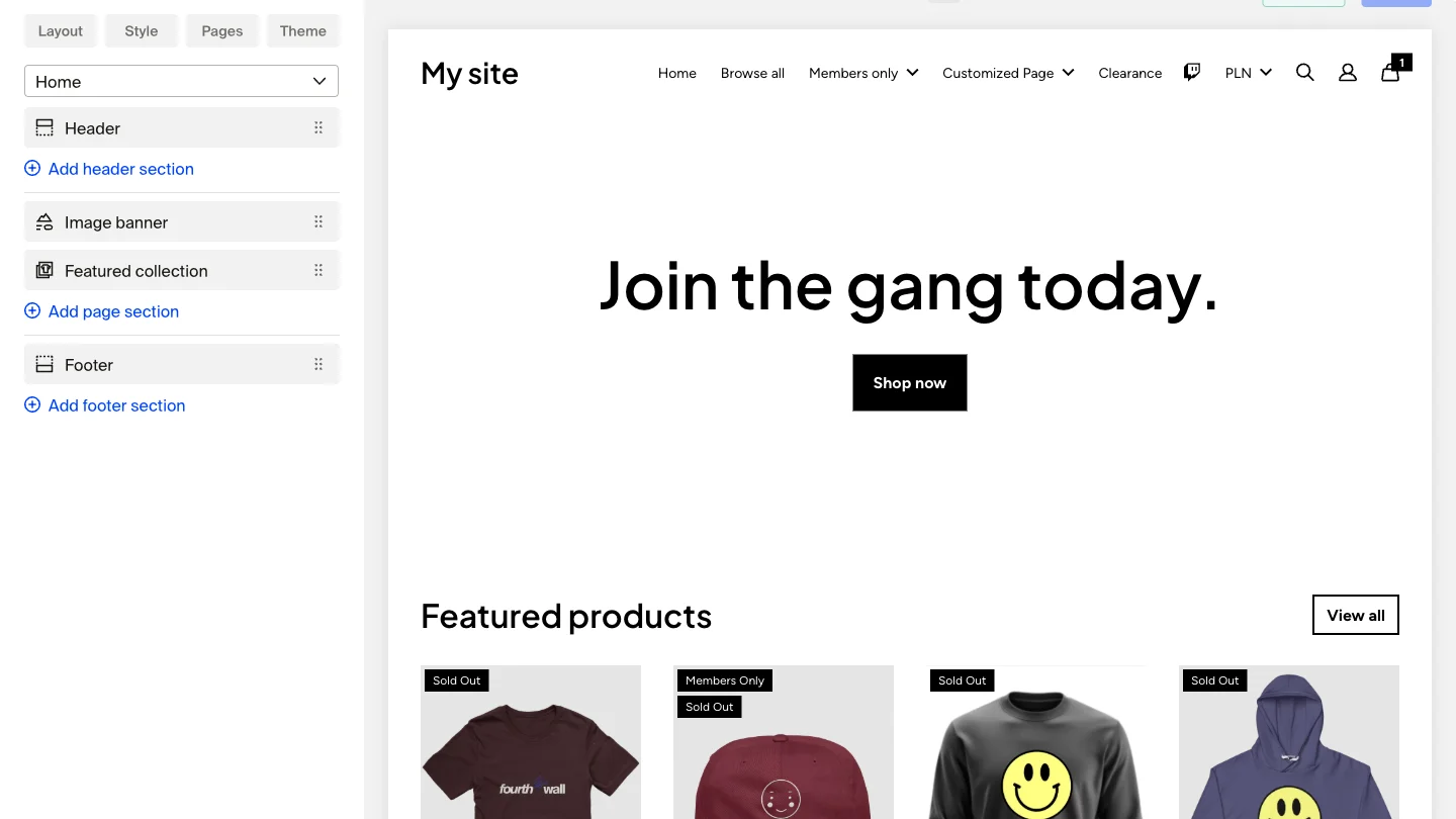 Site editor sidebar showing the Home page Layout tab with Header, Image banner, Featured collection, and Footer sections, alongside a preview of the storefront.