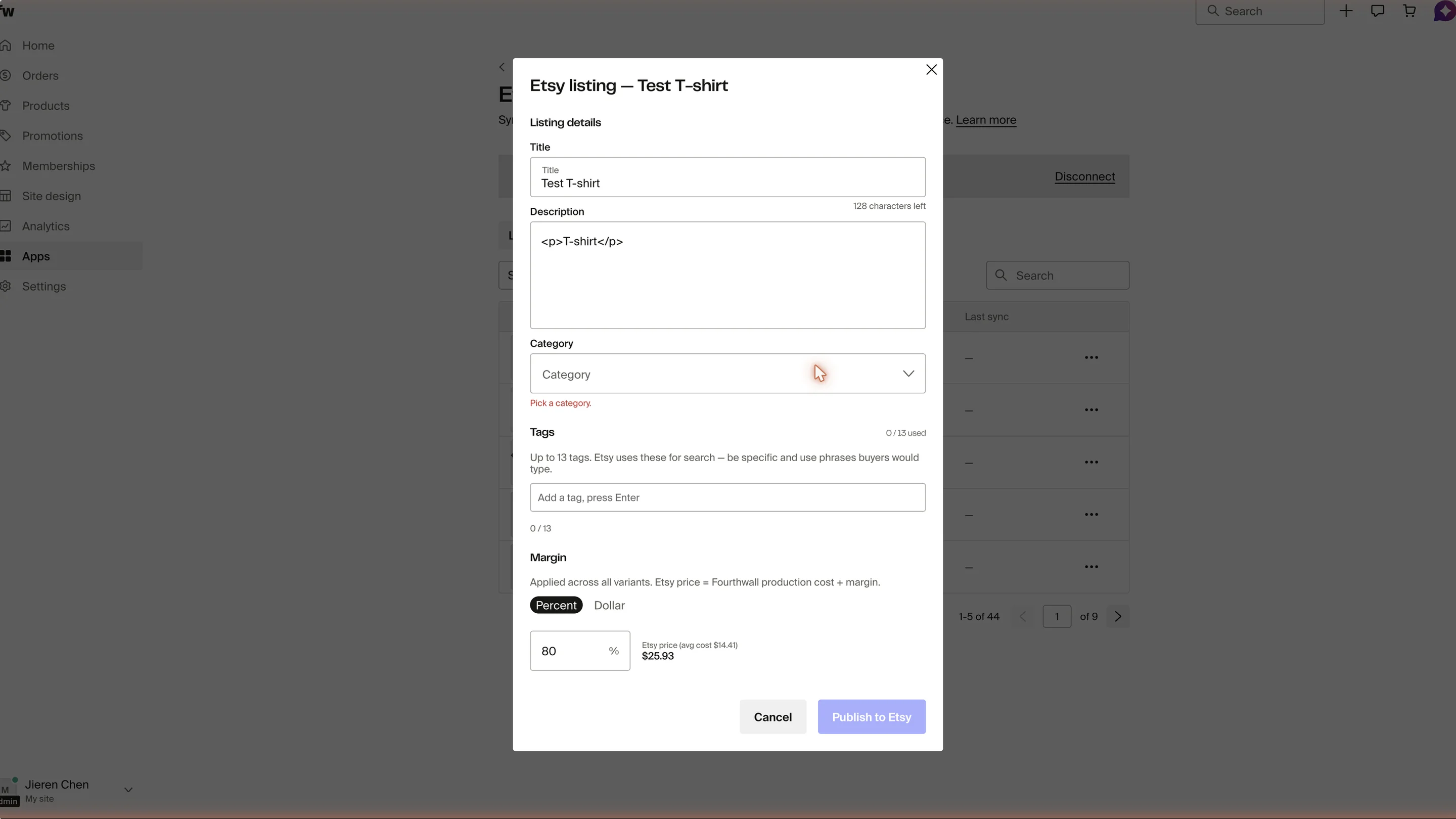 Listing preview modal showing title, tags, taxonomy fields and Publish to Etsy button