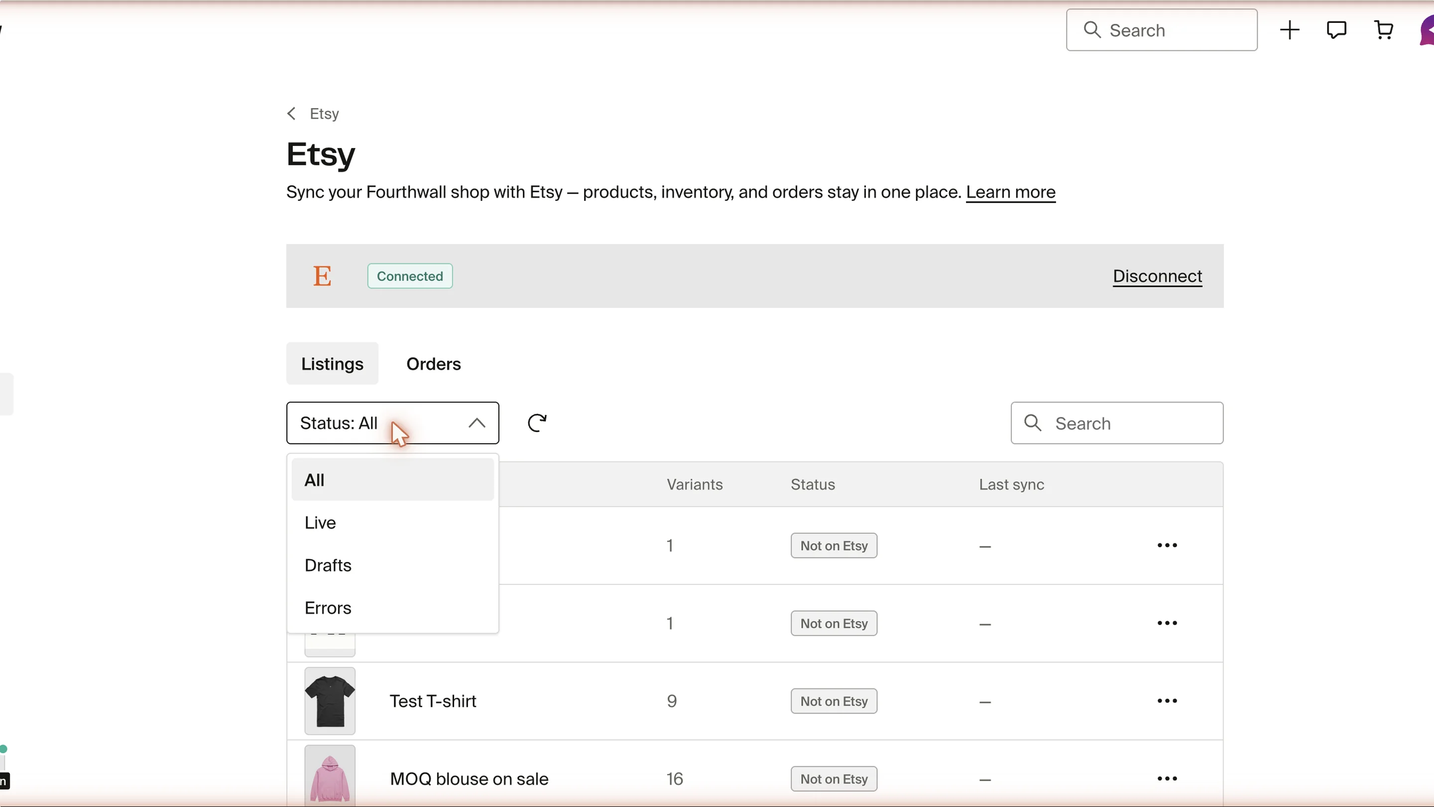 Listings tab with product list and Status filter dropdown showing All, Live, Drafts, Errors
