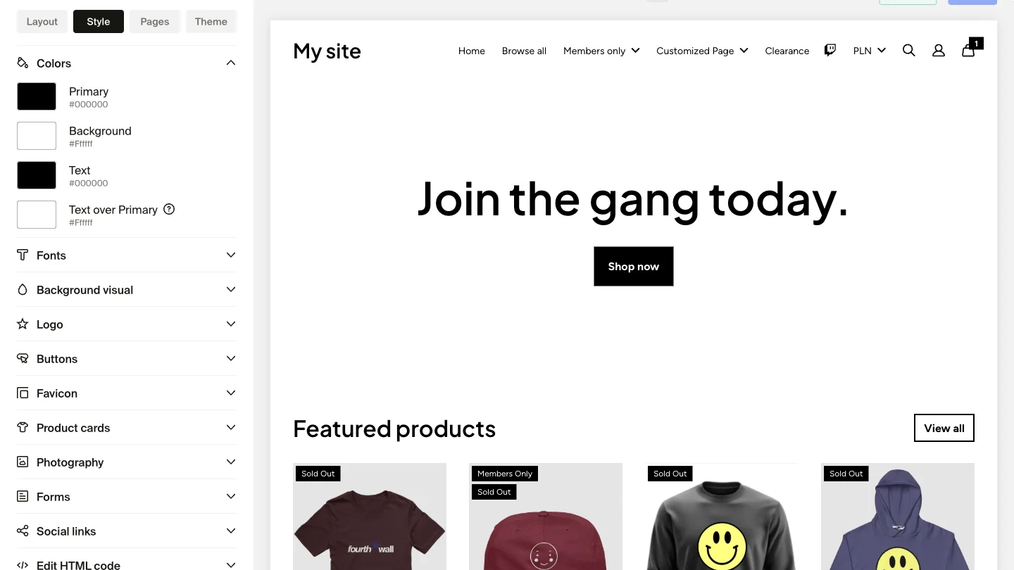 Style editor panel with Colors section expanded showing Primary, Background, Text, and Text over Primary color options alongside a website preview.