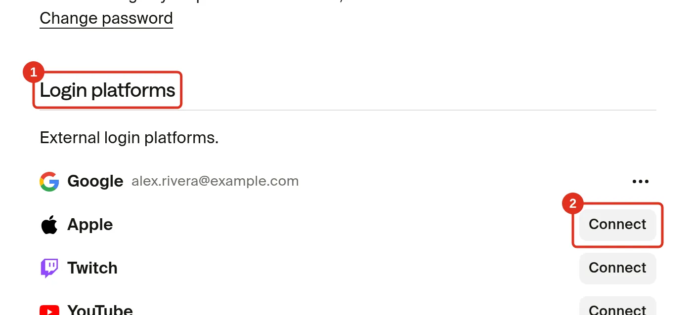 Login platforms section in Account settings > Security, with the section heading marked 1 and Apple's Connect button marked 2; Google is connected and Apple, Twitch and YouTube show Connect buttons