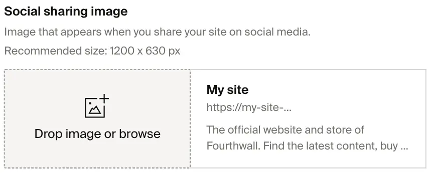 Social sharing image upload area with link preview showing site name and description