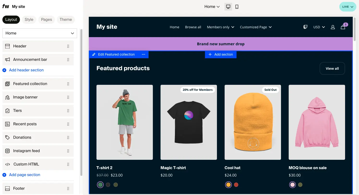 Layout tab showing sections list and site preview