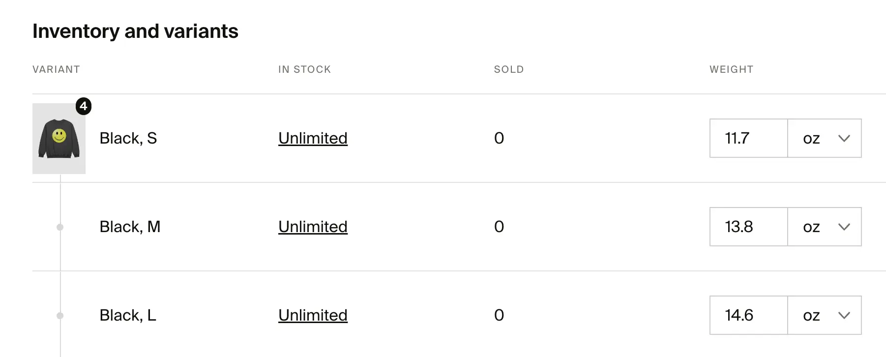 Inventory and variants table with size, stock, sold, and weight columns