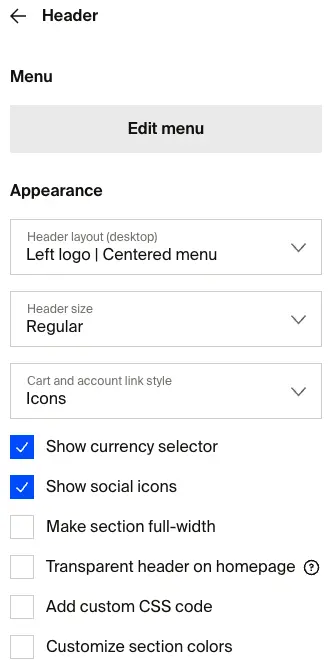 Header settings panel with layout, size, currency selector, and social icon options