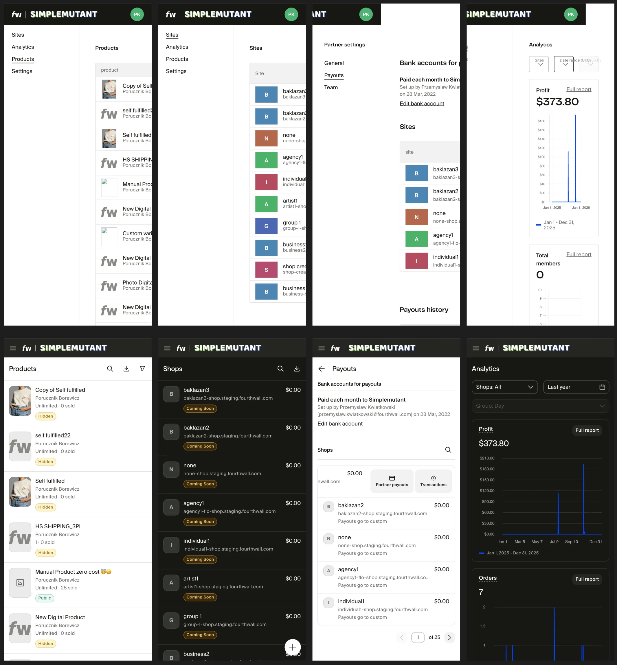 Partner Dashboard Products, Shops, Payouts, and Analytics screens, with the old desktop layout cut off on narrow screens in the top row and the new mobile-responsive layout in dark mode with a menu drawer icon in the bottom row