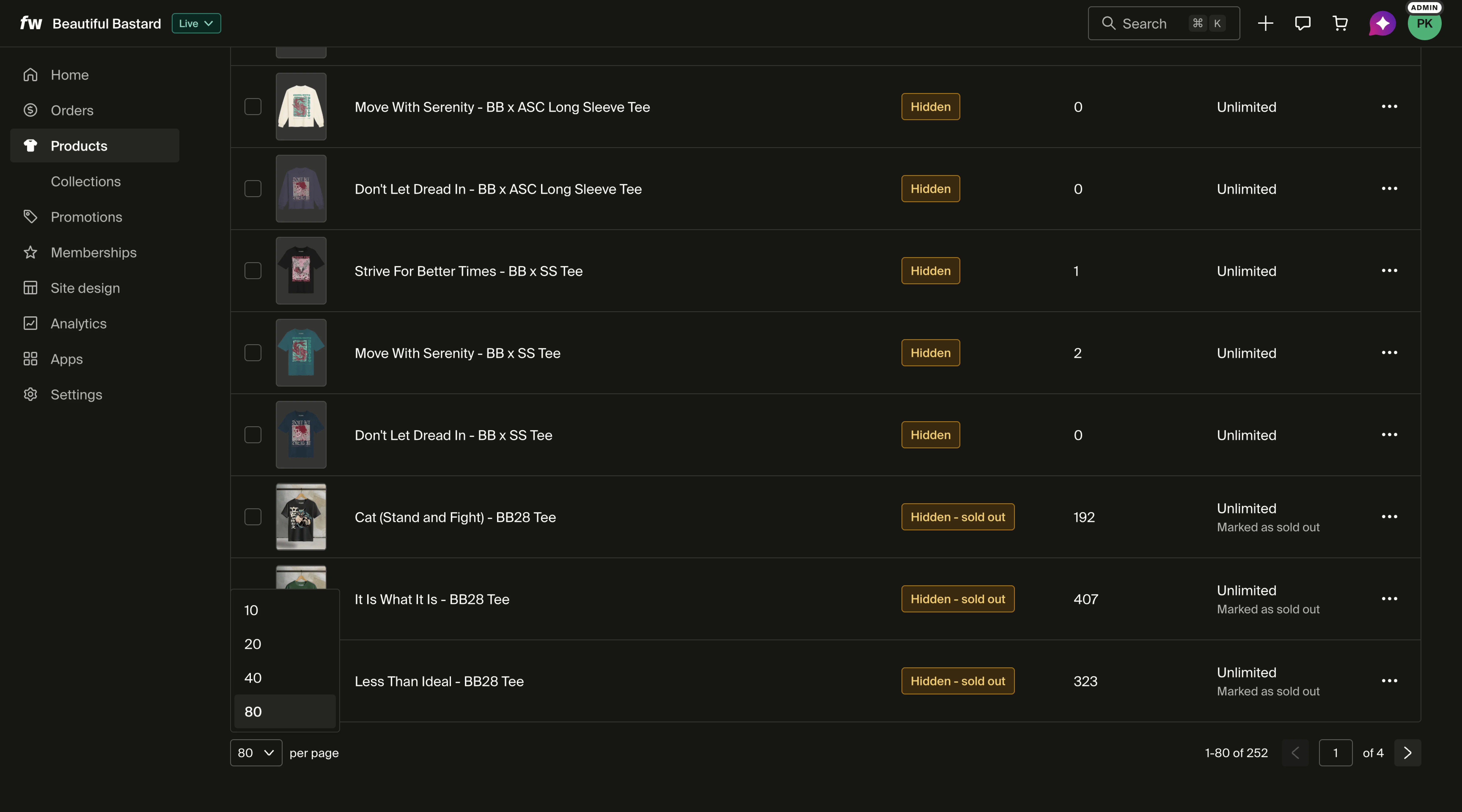 Orders list footer showing page-size selector dropdown with options and pagination controls