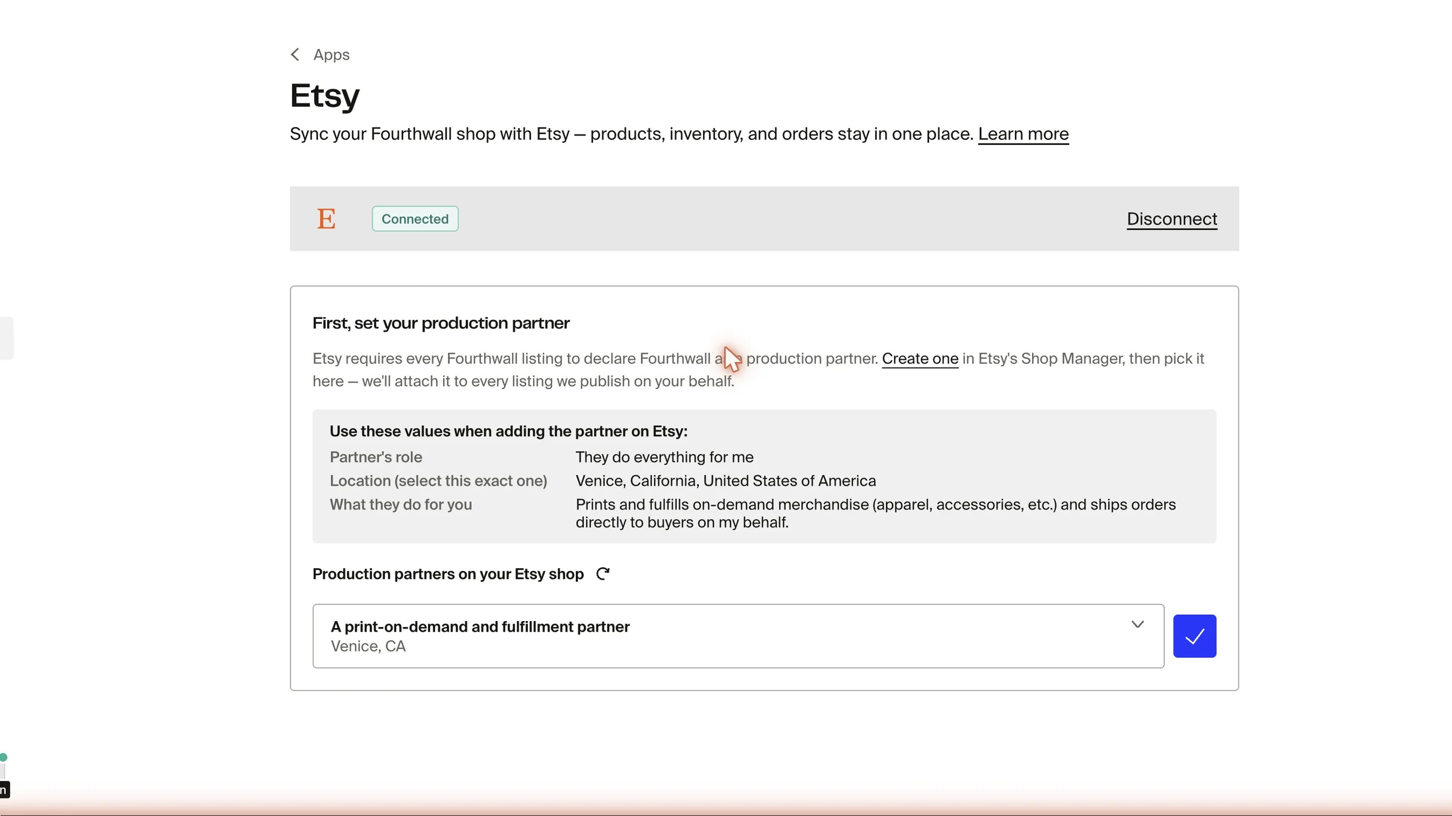 Production Partner setup panel showing the spec values for role, location, and description