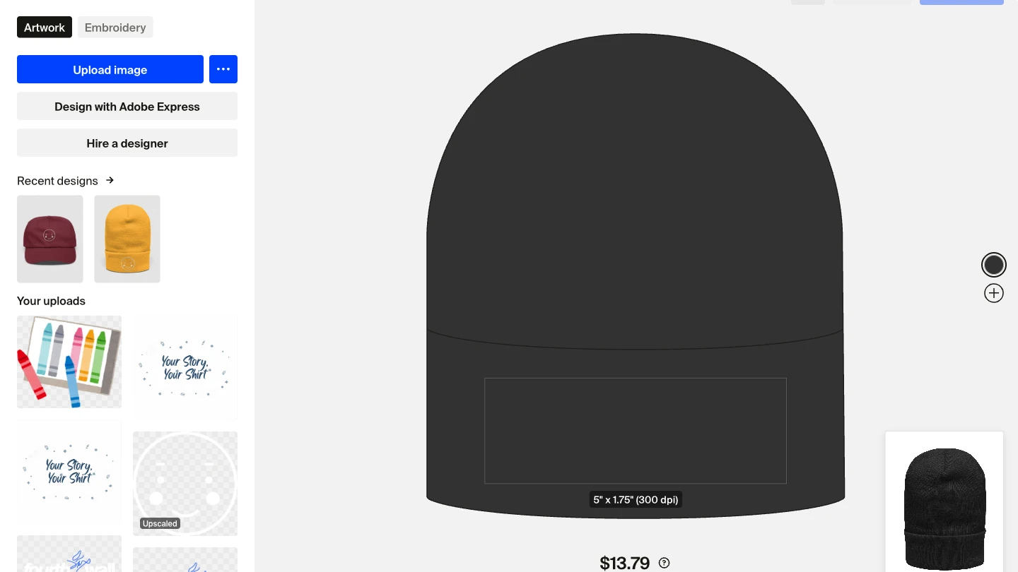 Product designer left panel showing the Recent designs section with thumbnail previews of two previously designed products, above the Your uploads section with artwork images.