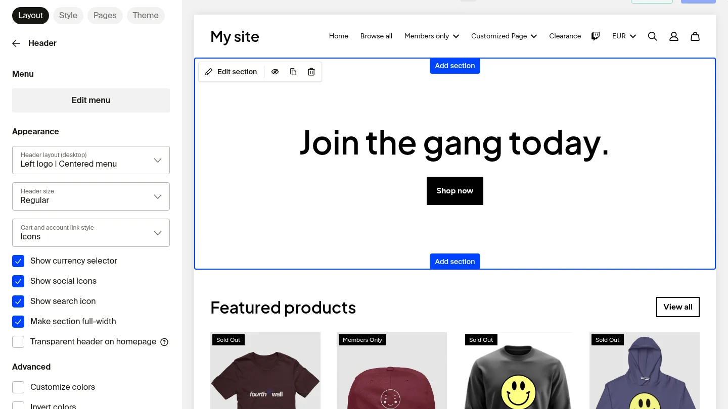 Site Designer Header settings panel with Show search icon checkbox checked and a shop preview showing the search icon in the navigation bar