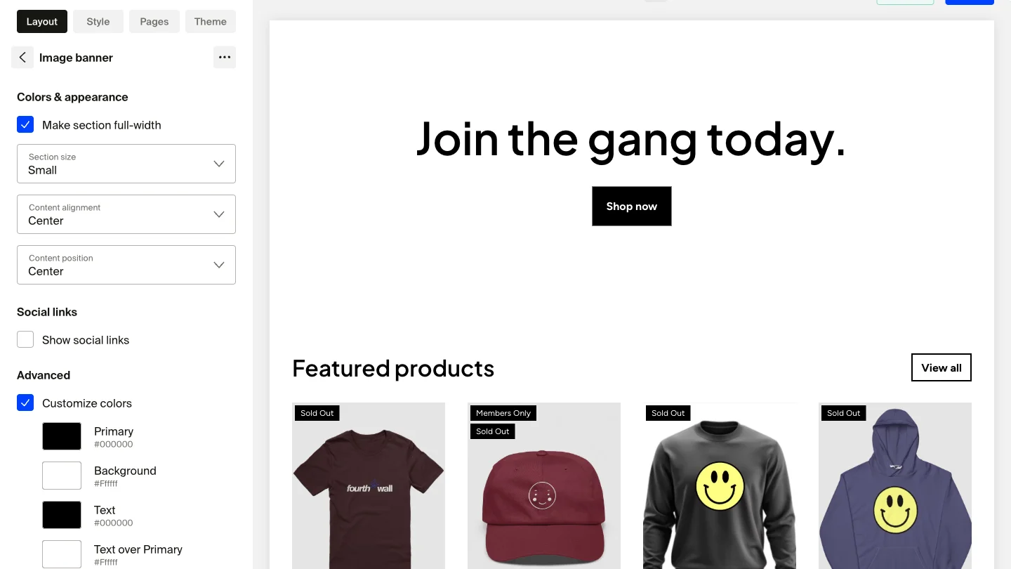 Layout editor for an Image banner section showing options for full-width toggle, section size, content alignment, content position, social links, and customizable colors.
