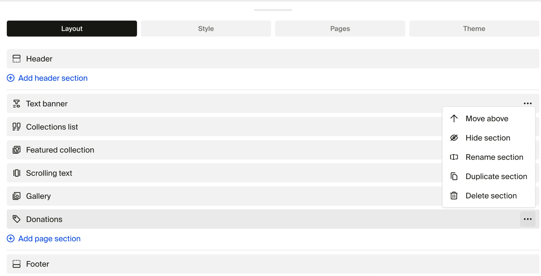 Three-dot menu of the Donations section open in the Layout sidebar, showing Move above, Hide section, Rename section, Duplicate section, and Delete section