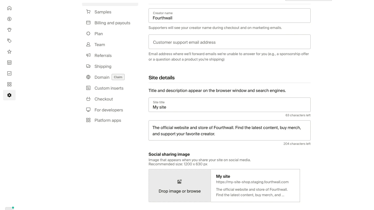 Settings page displaying Creator name field with "Fourthwall", Customer support email address field, and Site details section with Site title "My site" and description.