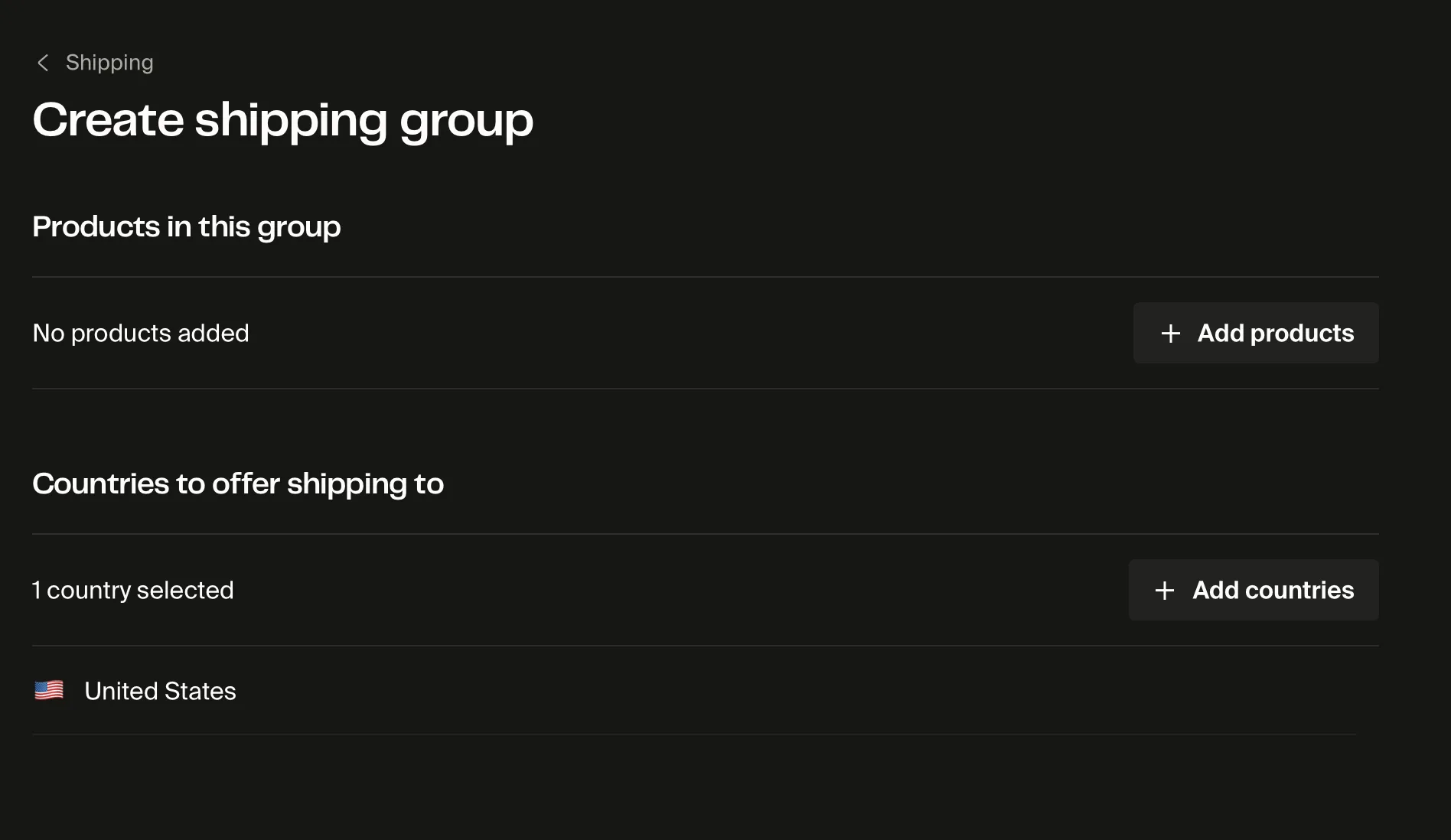 Shipping group edit page showing the "Products in this group" section and the "Countries to offer shipping to" section, with no rate fields