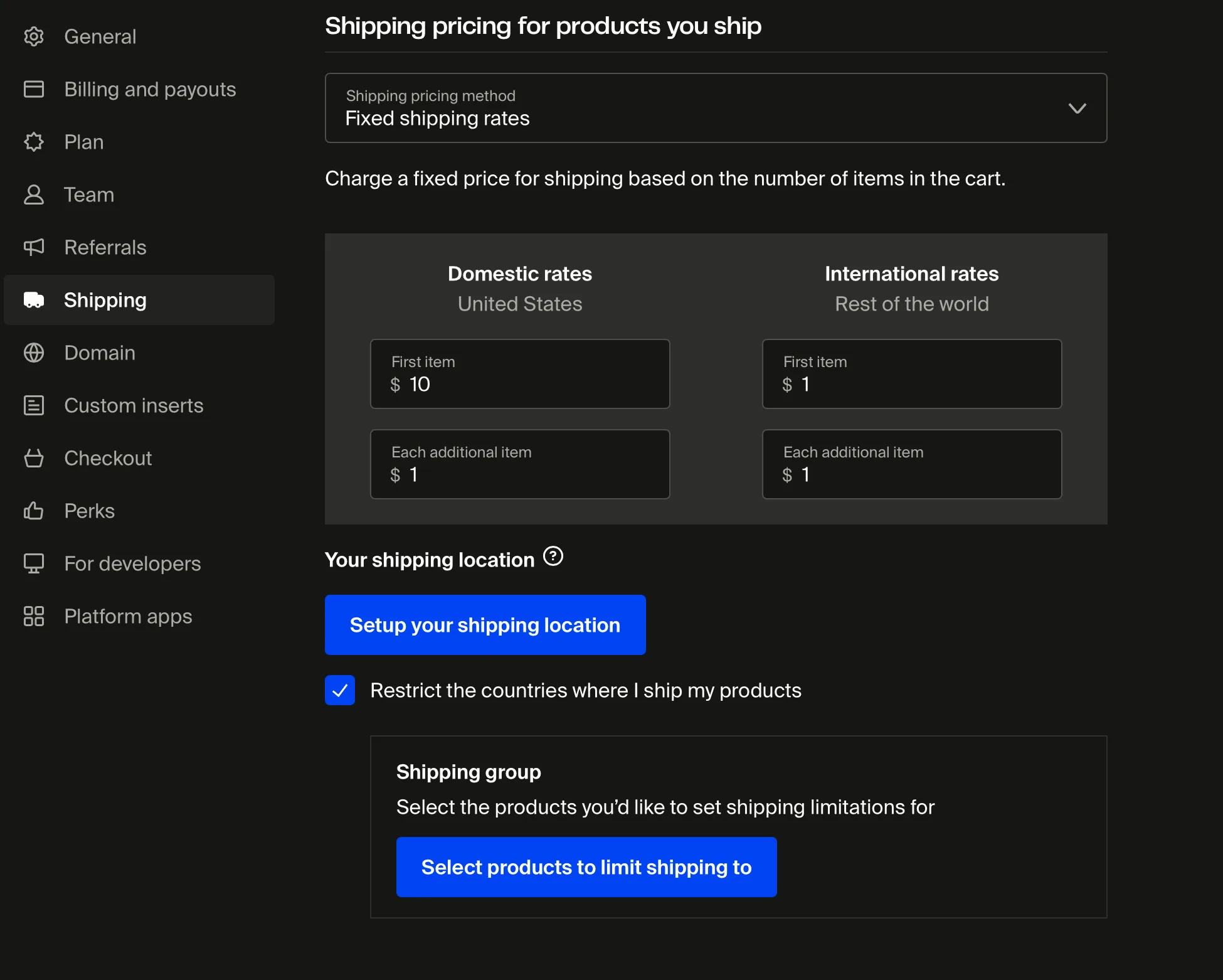 Settings > Shipping page with the "Restrict the countries where I ship my products" checkbox enabled, showing the empty shipping groups section and the "Select products to limit shipping to" button